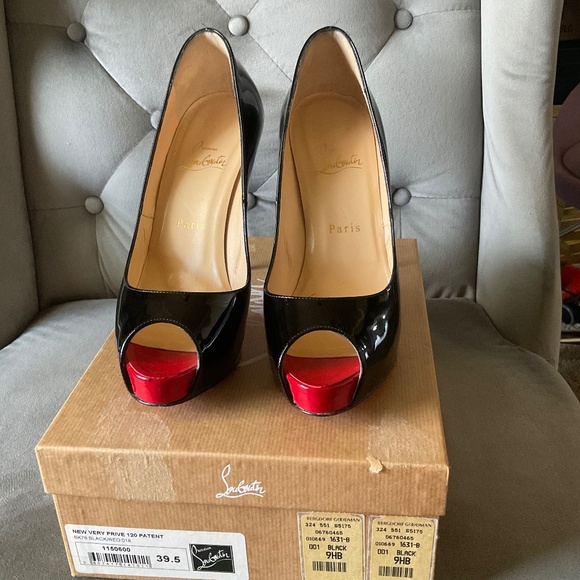 Christian Louboutin Black Patent New Very Privé Pumps 120mm Red Toe Size 39.5 - Picture 1 of 12